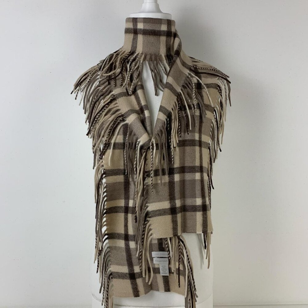 Charter Club Luxe Brown & Cream Plaid Cashmere Scarf with Fringe - 66x15
